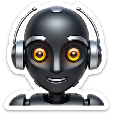friendly modern face of a black robot with bright white led eyes, smiling, non-threatening sticker