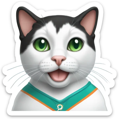 Tuxedo cat - green eyes wearing miami dolphins jersey sticker