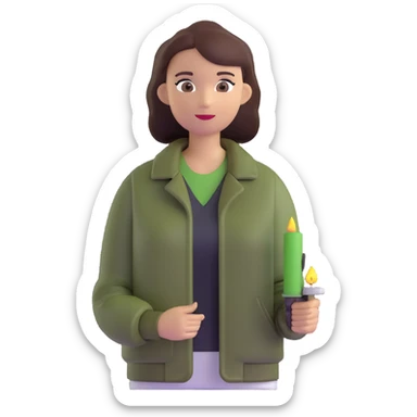 woman wearing dark olive green jacket over a lighter green top sticker