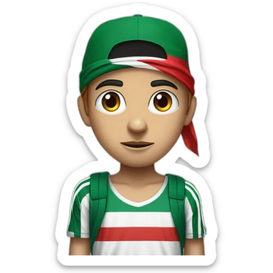 An angry and upset boy wearing Adidas three-striped pants and a shirt that says "Free Palestine" and an Islamic hat with the Palestinian flag painted on his face. sticker