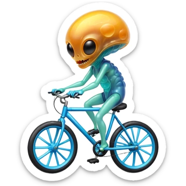 jelly alien riding a bicycle, translucent gelatin body, glowing core inside, wobbly fun movement, cute sci-fi creature, 3D cartoon, mobile game icon style, clean background, no text, no watermark
 sticker