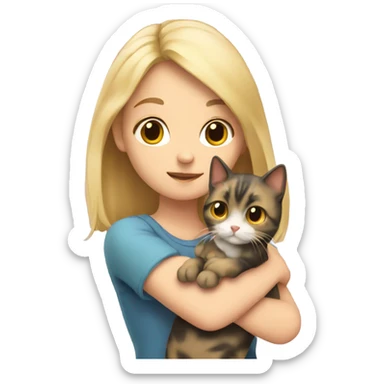 A blonde girl holding a calico cat with her hands sticker