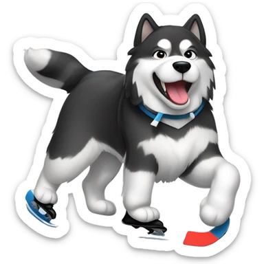 black and white alaskan malamute ice skating and playing hockey sticker