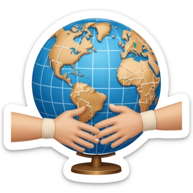 instead of two hands holding a globe, we have two hands handshaking in front of a globe. And in the background, we can see that the globe has a bandage or something. THE GLOBE HAS THE BANDAGE NOT THE HANDS sticker