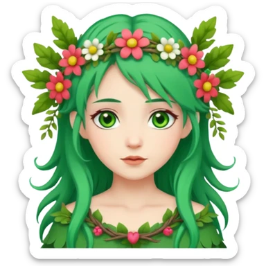 A forest princess with green hair, green eyes, wearing a wreath of flowers and branches sticker