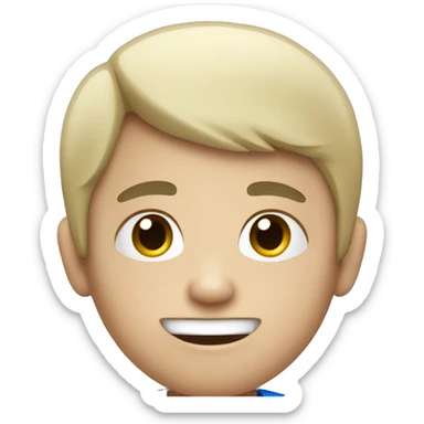 A boy with a short black hair and white skin and a blue t-shirt sticker