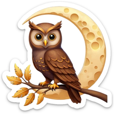 luminescent crescent moon with an owl sitting in the middle of it sticker