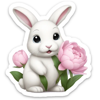 cute white bunny holding light pink peonies sticker