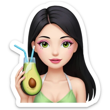 Long black hair with no bangs, straight hair, pretty face. Wearing white halter top. Pink blushed cheeks, long lashes, pin glossy lips. One eyes with wink. One hand with avocado juice.d sticker