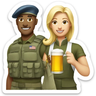 Paratrooper holding beer next to blonde female chef sticker