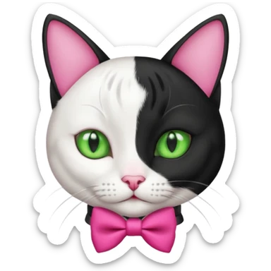 A black and white cat tuxedo breed head with green eyes she has a hot pink bow on her head  sticker