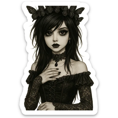 emo girl with butterfly crown, gothic style, mysterious and elegant sticker