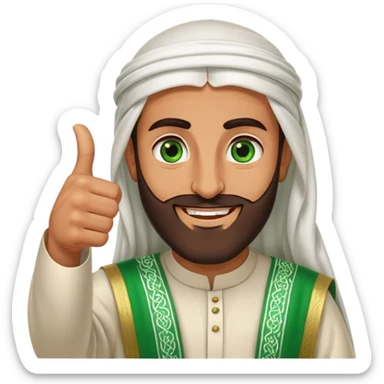 Tanned Arab Saudi man with green eyes and a beard, wearing traditional attire, smiling and giving a big thumbs-up sticker