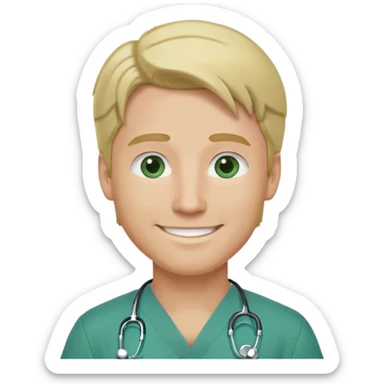 a male doctor with green scrubs, blonde hair middle part, blue eyes, smiling sticker