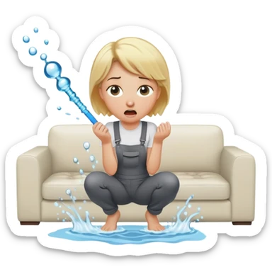 round-faced blond woman kneeling, shocked expression, playful cartoon stick with D-shaped knob and exaggerated features coming from trousers in front of her face, water jet into her mouth, white couch behind sticker
