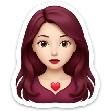 young white woman 
brown almond eyes
heart shaped lips
Long waist-long hair, center parted
slightly wavy
dark burgundy hair\ sticker