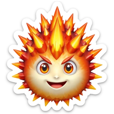 A single spiky crystal rock character, compact and round with many chunky flame-like spikes, glowing red–orange–yellow gradient like fire, faceted crystal texture, cute face with big shiny eyes and excited smile, sticker