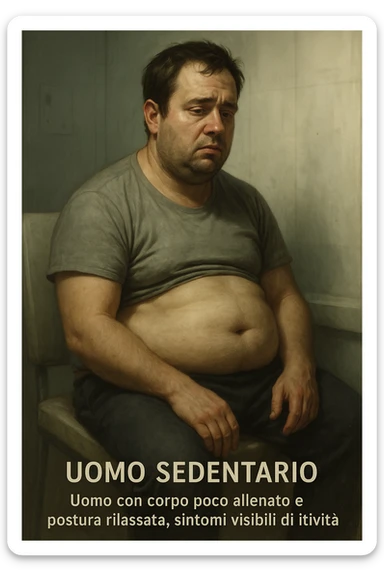 vertical realistic illustration of a sedentary man, poorly trained body, relaxed posture, visible signs of inactivity, clinical atmosphere, dramatic lighting, Italian captions, aspect ratio 2:3 sticker