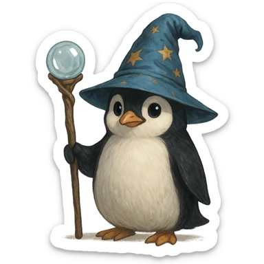 penguin wizard, magical hat, holding a staff sticker