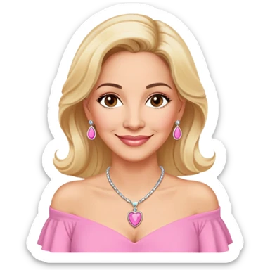 Warm-hearted Linette Torres, Puerto Rican actress in her 50s with light skin, loving expression, gentle eyes, sweet smile, elegant blonde hair, wearing a pink off-shoulder blouse and a pendant necklace sticker