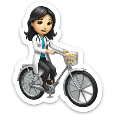 long and dark hair female doctor with a ramen bowl in her hand and riding a chrome bicycle sticker