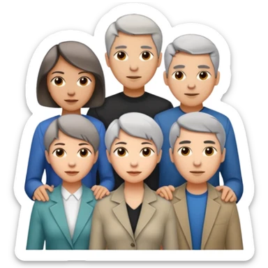 Three designers are standing in a triangular formation. The older woman with short hair is in the middle, and the other two, a young woman with medium-length hair and a man, are below her. sticker