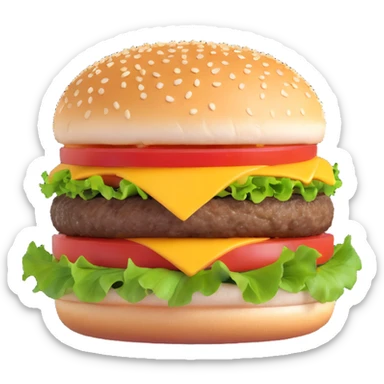 3D illustration of a classic burger with sesame seed bun, lettuce, tomato, cheese, and beef patty, realistic style sticker