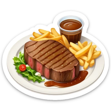 big juicy australian steak meal featuring chips, small salad in a ramikan and gravy  sticker
