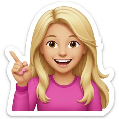 Blonde tan girl with long hair, laughing and pointing straightforward wearing pink sticker