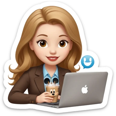 Women in front of one laptop that has a Mickey sticker on it, with a happy face, face a little fuller, lips plump, full eyebrows, long light brown hair, light brown big eyes, light pale skin with a iced coffee on the side, business attire, typing sticker
