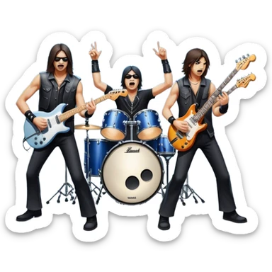 Icon for Heavy Metal Music: 4 men band on stage with electric guitars, drums and intense lighting. 3 guitarists and 1 drummer, surrounded by energy and stage effects, capturing the power and intensity of a metal concert. Transparent background. sticker