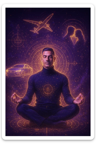 "Un uomo in meditazione fluttuante nello spazio cosmico, circondato da particelle dorate e simboli alchemici. Intorno a lui, oggetti e situazioni dei suoi desideri (auto, viaggi, amore) si materializzano come ologrammi luminosi. Stile cyber-mistico, colori viola e oro." sticker