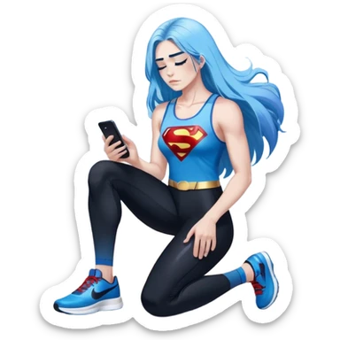 Shameful disappointed crying-very very very very big chest-texting on a samsung cell phone-very long straight flowing black to sky blue hair ombre-blue eyes-black eyeliner-long eyelashes-plastic sparkling sky blue very low cut tank top with sparkling superman logo-black leggings-nike sneakers sticker
