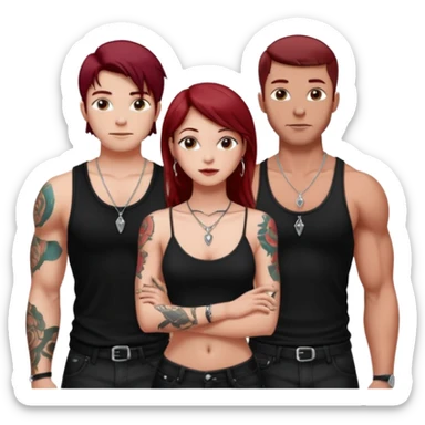 a pretty bratz fair girl with dark red straight hair, black cami top, silver dainty necklaces, rings, hoops, tattoos standing with two handsome lean but muscled guys sticker