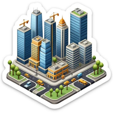 An icon showing a city-building game interface, inspired by Sim City. The design features a bustling city with roads, skyscrapers, and parks, with buildings being constructed and managed. The game’s interface, with stats and controls, is visible at the top. Transparent background. sticker