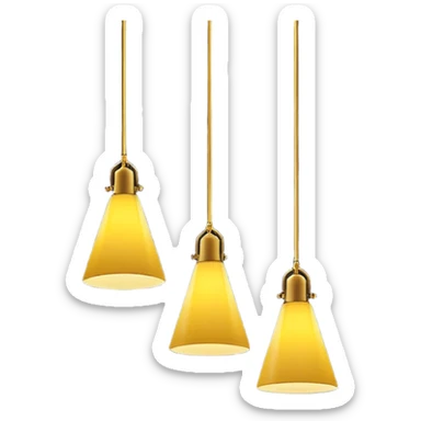 three hanging lamps in a dark room, only the middle lamp is dimly lit, casting a soft yellow cone of light downward, the rest of the room and other lamps remain in total darkness, minimalist cinematic lighting, moody atmosphere, black background, no people sticker