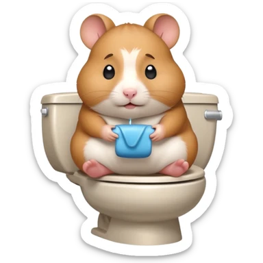 Cute chubby cartoon-style hamster sitting on toilet pooping looking as if he had an accident sticker