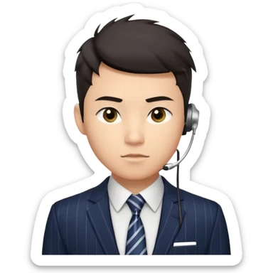 A young Asian man with light skin, short dark hair styled upward with a sharp spiked swoop in front, slightly narrowed almond-shaped eyes with a confident, knowing squint, a clean-shaven face, and a sleek single-ear headset, wearing a dark pinstripe suit with a patterned shirt tie sticker