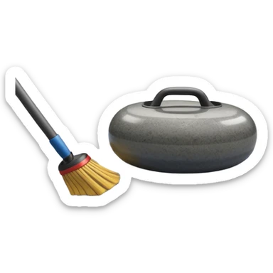 An icon showing a detailed close-up of a curling stone sliding across the ice, with a broom in motion beside it. The background features an indoor stadium with cheering spectators on the stands. Transparent background captures the strategy and focus of curling. sticker