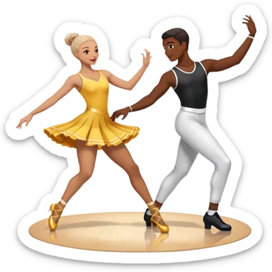Icon for Sports Dance: a couple performing an energetic and synchronized dance, dressed in competitive dance attire, dance shoes, a rhythmically placed dance floor, and a competition backdrop. The icon should capture the athleticism, technique, and precision of sports dance. Transparent background. sticker