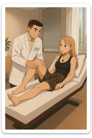 fai un webtoon/manga a colori con questo kinesiologo in camice bianco (fagli la scritta "ANTONIO ANANIA" SUL CAMICE) CHE SVOLGE UN TEST NEUROMUSCOLARE SOLLEVANDO UNA GAMBA ALLA RAGAZZA CHE è STESA SU UN LETTINO BIANCO. STANZA SEMPLICE E MODERNA, DURANTE IL TEST I DUE DIALOGANO TRA LORO. NON FARE I FUMETTI, FAI SOLO LORO COME SE DIALOGASSERO sticker