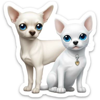white cat blue eyes standing next to tan chihuahua with dark eyes  sticker
