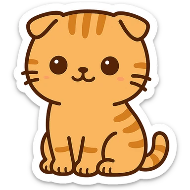 flat toon style kawaii orange scottish fold kitten sitting, dark round eyes, cute sticker