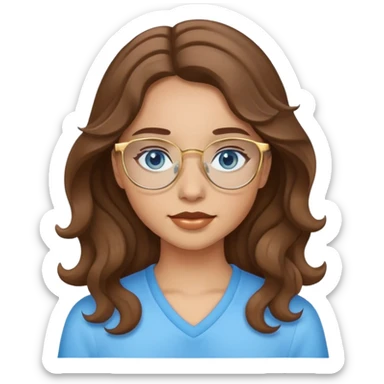 Girl with wavy Brown hair, light skin tone blue eyes and gold glasses sticker