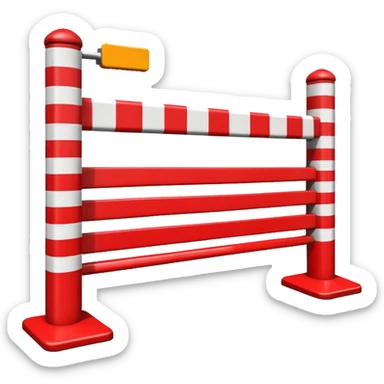 Flat emoji-style icon of a parking barrier gate (boom barrier).
Red and white striped horizontal arm, raised at a slight angle.
Simple geometric shapes, clean vector design.
No text, no background, transparent or plain background.
Bright colors, high contrast.
Centered object, minimal details. sticker