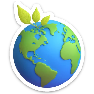 A single green leaf resting gently on top of a vibrant, round Earth globe. The focus is on the leaf and the globe with a simple background and soft natural lighting sticker