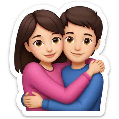 Girl and boy couple Both peach skin and darkish brown hair hugging emoji leaning on eachother sticker