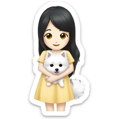 Japanese spitz dog hug black hair girl with dress sticker