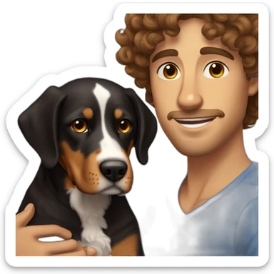 Russian guy with curly brown hair with dog Entlebucher zennenhund sticker
