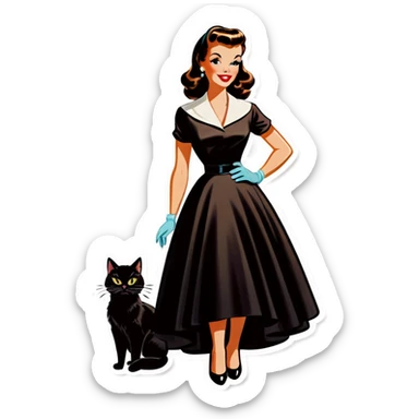 Beautiful woman in 1950’s woman fashion look, black dress, long dark brown hair, whisky with ice, black cat sticker